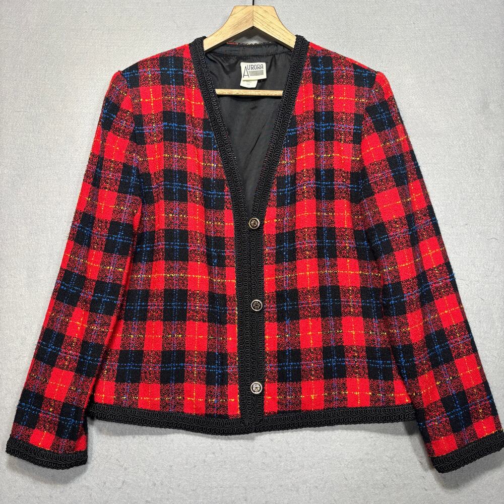 Vtg Aurora Plaid Jacket Blazer 10 Red Black Grunge Retro Punk Statement Bold